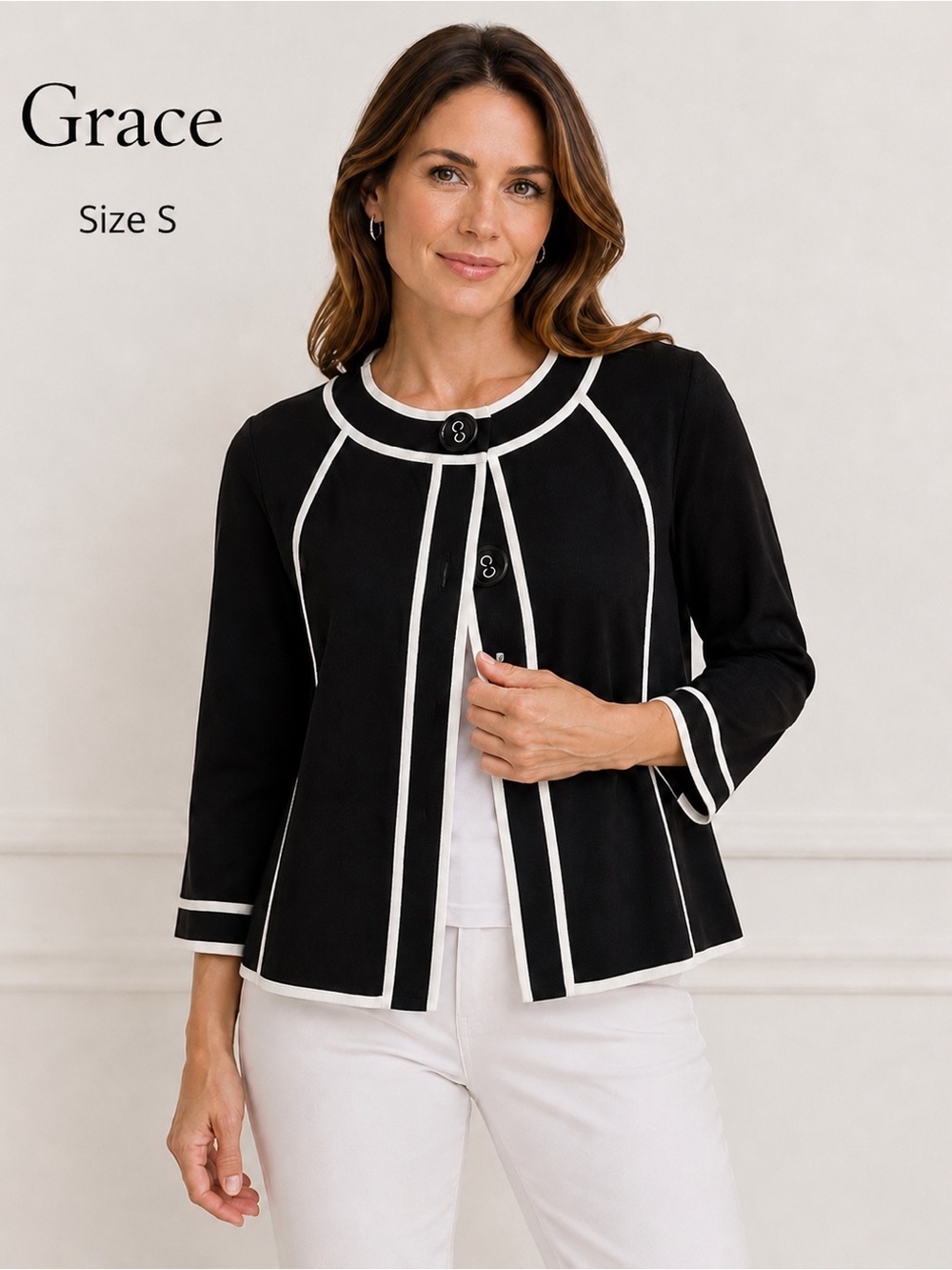 Grace Black & White Trim Open Front Cardigan - Size S